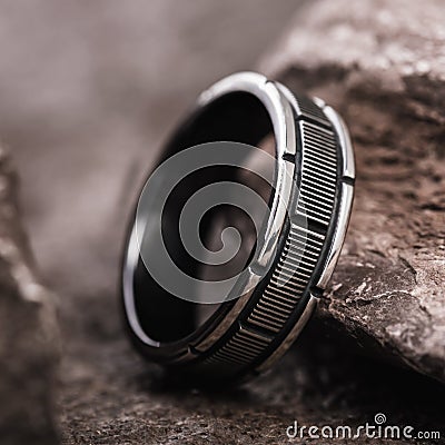 Male silver ring on the background of stones Stock Photo