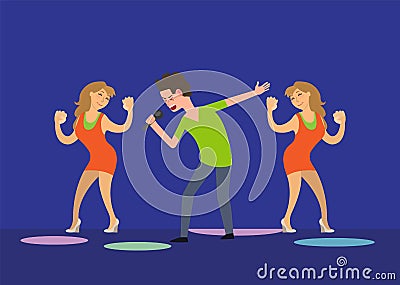 Male Singer and Dancing Girls Fan Dancers in Club Vector Illustration