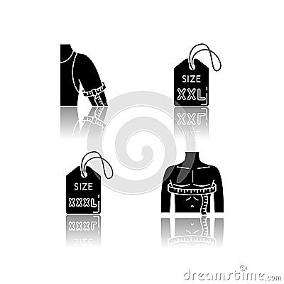 Male size labels and measurements drop shadow black glyph icons set. Extra large size tags, man chest and upper arm Vector Illustration