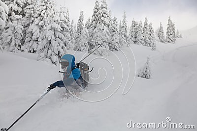 Male skier curved and brakes spraying loose deep snow on the freeride slope. Freeride, winter sports outdoor Stock Photo