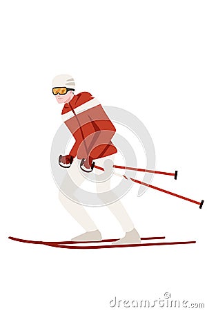 Male skier with red ski and sticks and winter jacket cartoon character design vector illustration on white background Vector Illustration