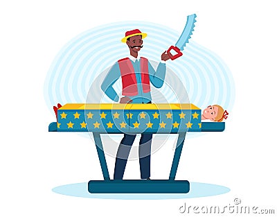 Male smiling magician with a saw preparing to saw a box with woman inside Vector Illustration