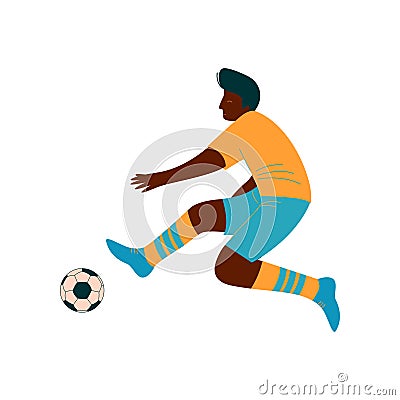 Male Soccer Player Kicking Ball, African American Male Footballer Character in Sports Uniform Vector Illustration Vector Illustration