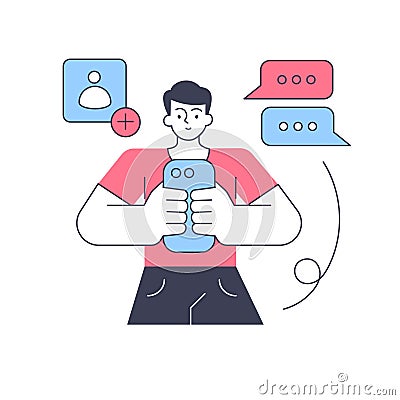 Male social network user chatting smartphone adding followers friends communication vector flat Vector Illustration