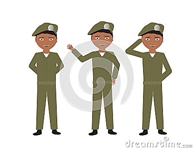 Male soldiers with green uniform and different poses - Stand, Hello, Salute Vector Illustration