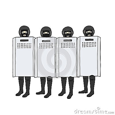 Male soldiers in helmets with shields. Dispersal of mass riots. Vector Illustration