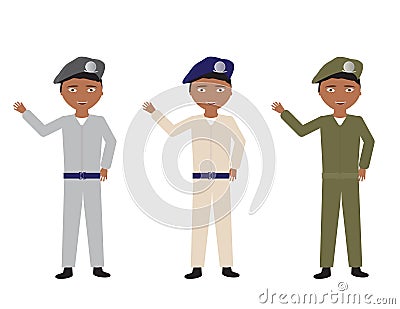 Male soldiers in Various uniform colors waving hello Vector Illustration