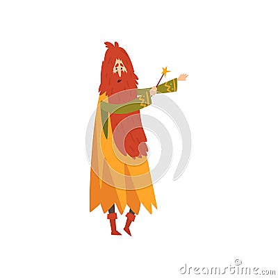 Male Sorcerer Conjuring with Magic Wand, Redhead Bearded Wizard Character Vector Illustration Vector Illustration