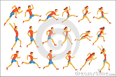 Male Sportsman Running The Track With Obstacles And Hurdles In Red Top Blue Short In Racing Competition Set Of Vector Illustration