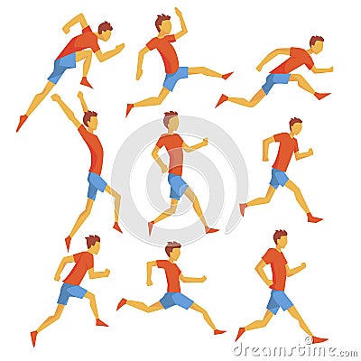 Male Sportsman Running The Track With Obstacles And Hurdles In Red Top And Blue Short In Racing Competition Set Of Vector Illustration