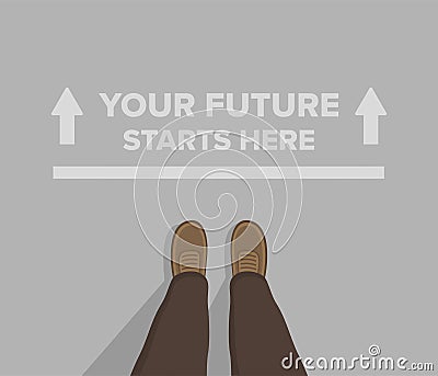 Male standing on the road with future starts here text top view. Motivation for the bright future. Vector Illustration