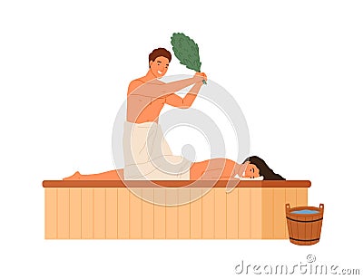 Male steaming female holding bath broom vector flat illustration. Woman wrapped in towel lying on wooden bench enjoying Vector Illustration