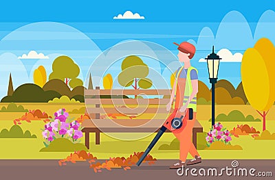 Male street cleaner holding leaves blower man in uniform cleaning service concept city urban park landscape background Vector Illustration