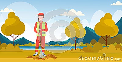 Male street cleaner holding rake man sweeping lawn raking leaves cleaning service concept city park landscape background Vector Illustration
