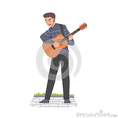 Male Street Guitarist Character Playing Acoustic Guitar, Live Performance Cartoon Style Vector Illustration Vector Illustration