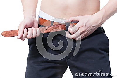 Male stripping off his clothes ready to have sex with his partner in white isolated background - Sex concept Stock Photo