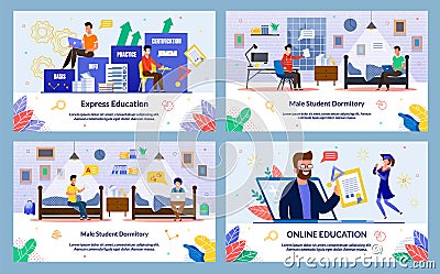 Male Student Dormitory, Online Education, Flat. Vector Illustration