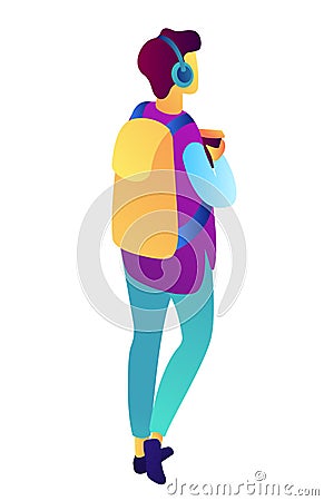 Male student with headphones and coffee isometric 3D illustration. Vector Illustration