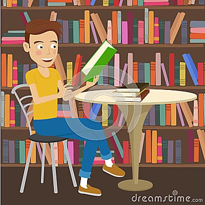 Male student reads textbook sitting at the table in college library Vector Illustration