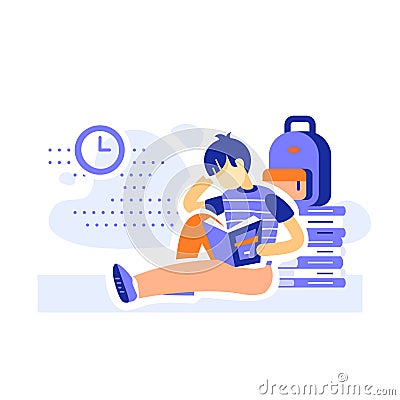 Male student sitting and reading books, education program, learning literature Vector Illustration