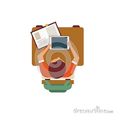 Male Student With Tablet From Above Vector Illustration