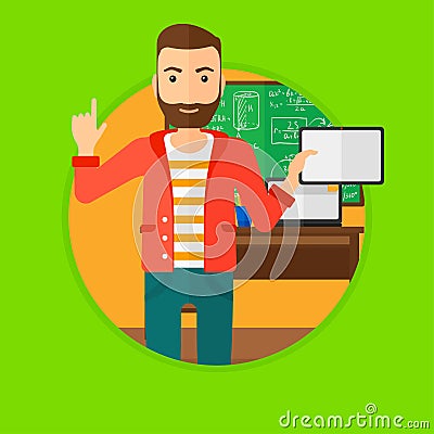 Male student using tablet computer in classroom. Vector Illustration