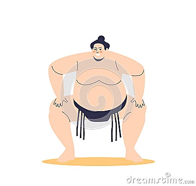 Male sumo fighter ready for competition. Traditional japanese wrestler. Martial arts and japan sport Vector Illustration