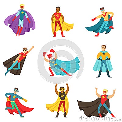 Male Superheroes In Classic Comics Costumes With Capes Set Of Smiling Flat Cartoon Characters With Super Powers Vector Illustration