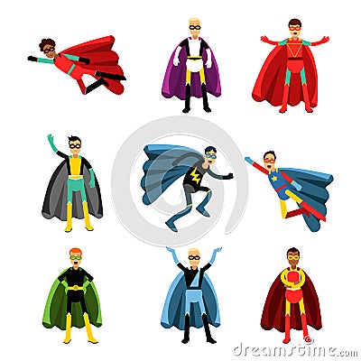 Male superheroes in different costumes set of colorful vector Illustrations Vector Illustration