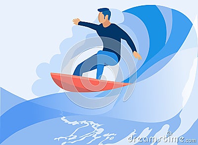 Male Surfer Surfing on Huge Ocean Wave Cartoon Vector Illustration