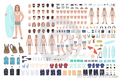 Male surfer or man on vacation creation set or DIY kit. Bundle of body parts, summer clothes, travel equipment isolated Vector Illustration