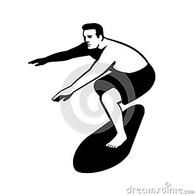 Male Surfer on Surf Board Surfing Front View Retro Cartoon Illustration