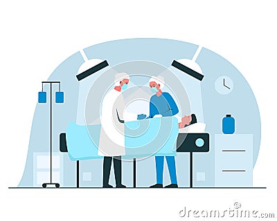 Male surgeon and nurse performing an operation in surgery room in a hospital. Vector concept illustration of a man under the Vector Illustration