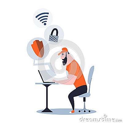 Male sysadmin working on laptop to maintaining or repairing server. Repairing and adjusting work on network connection Vector Illustration