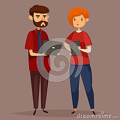 Male system administrator and online support woman Vector Illustration