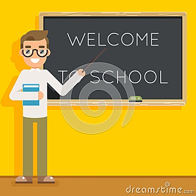 Male teacher book study pupil student class education lesson character icon classroom school board background vector Vector Illustration