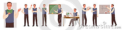 Male teacher characters with different poses set, man with glasses teaching math Vector Illustration