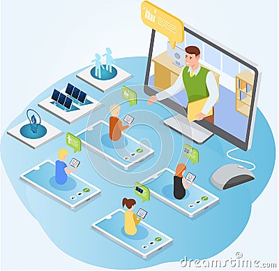 Male teacher on tablet screen leading lesson. School education, e-learning process in class Vector Illustration