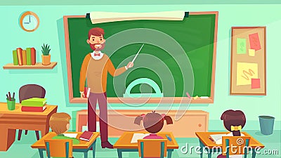 Male teacher teaches students in elementary school class Vector Illustration