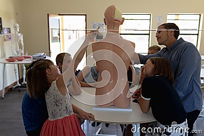 Male teacher using an human anatomy model to teach Stock Photo