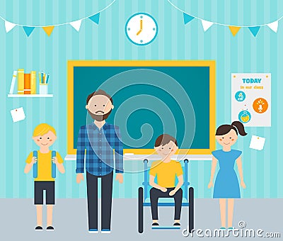 Male Teacher and Young Students in Classroom. Including Students with Special Needs Concept Vector Illustration