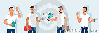 Male teachers with a globe, books and a test tube. A set of white-skinned and dark-skinned beautiful teachers. Vector Illustration