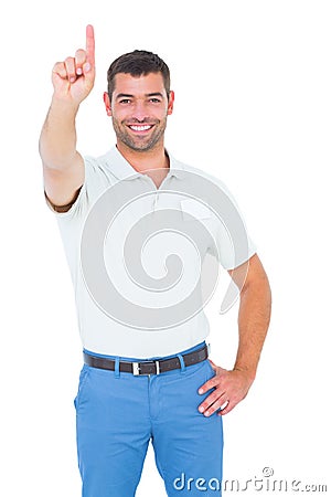 Male technician pointing upward on white background Stock Photo