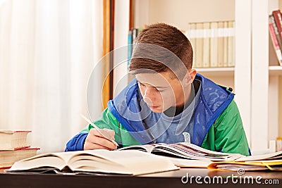 Male teenager concentrated doing homework Stock Photo