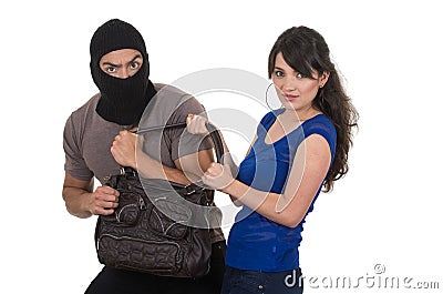 Male thief robbing beautiful young girl Stock Photo