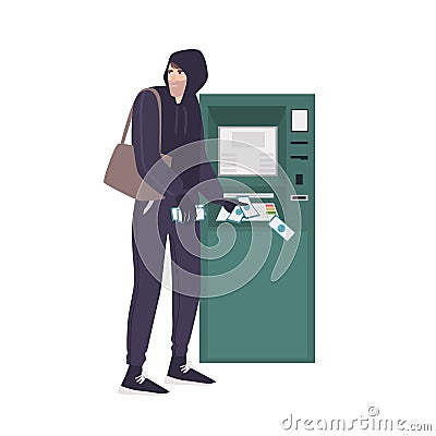 Male thief stealing money banknotes from ATM. Young angry man in hoodie committing crime. Theft or burglary in bank Vector Illustration