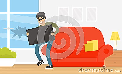 Male Thief Stealing Television from House, Burglar Committing Robbery, Criminal Scene Flat Vector Illustration Vector Illustration