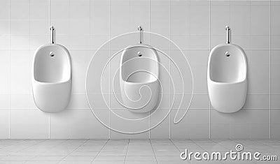 Male toilet interior with row of white urinals Vector Illustration