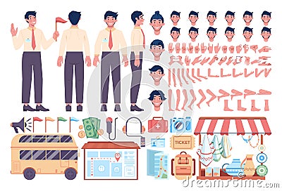 Male tour guide constructor set. Tourist entertainment at excursion Vector Illustration