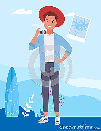 A male tourist with a camera on a sightseeing tour. Vector illustration Vector Illustration